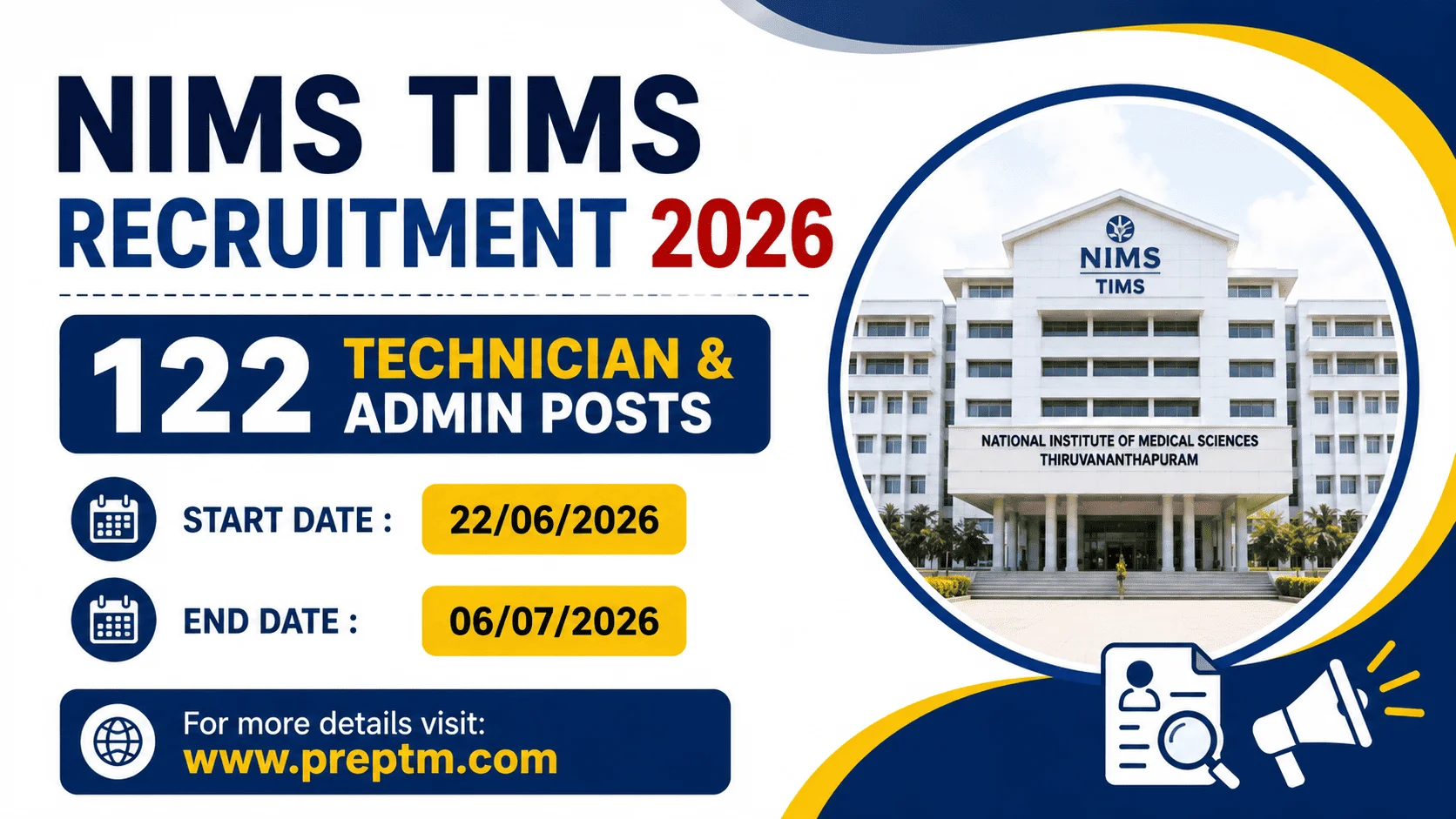 NIMS TIMS Recruitment 2026: 122 Technician & Admin Posts